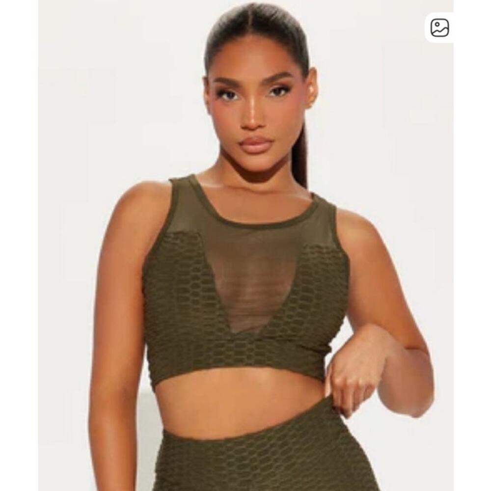 LA Society Torrey V-Mesh Olive Green Sports Bra Yoga Top, S